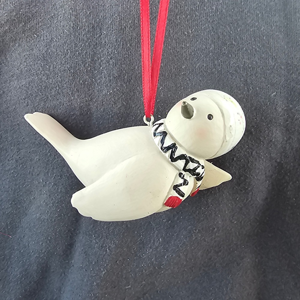 Snowman Bird Christmas Ornament Resin Winter Folk Art Bird Figurine White Red